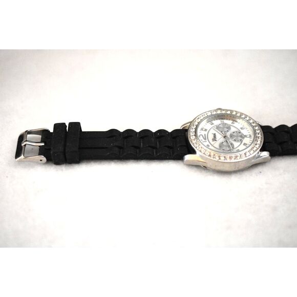 Vivani Rhinestone Accent Silver Tone Black Silicone Band New Battery Watch - Picture 4 of 5